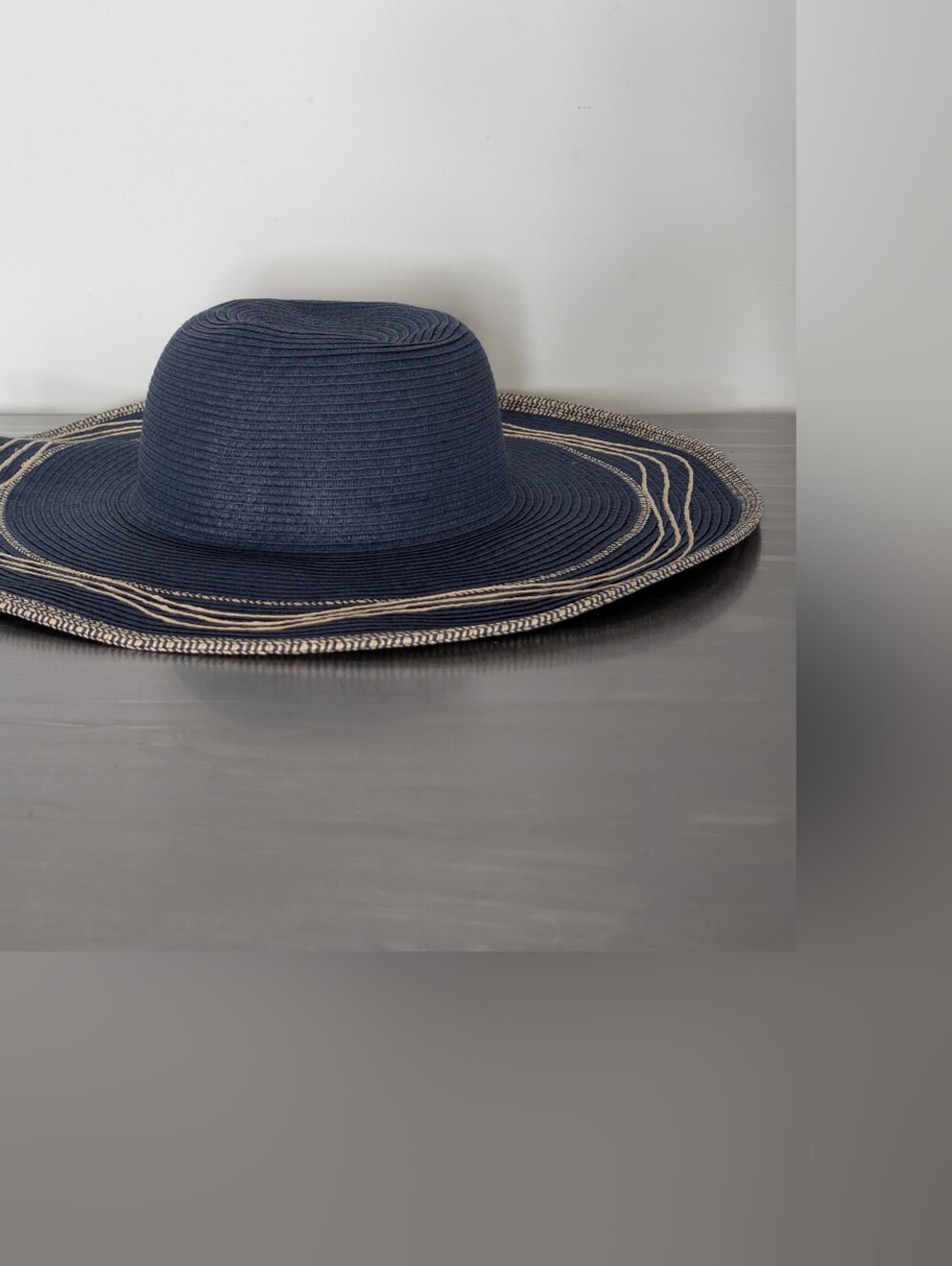 Sun Beach Hat Paper Straw Navy Blue White Trim Floppy Wide Brim Gardening O/S